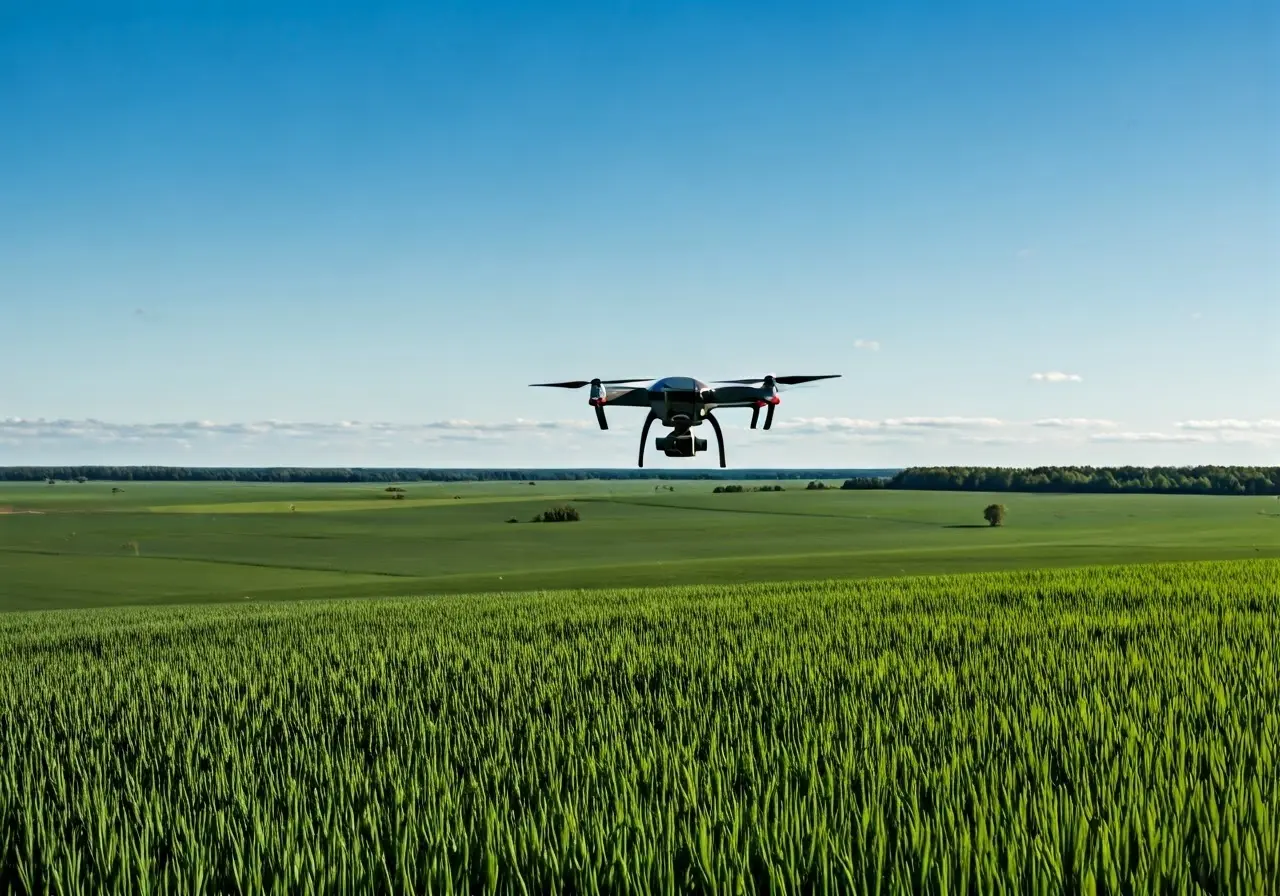 A drone flying over a vast, green agricultural field. 35mm stock photo