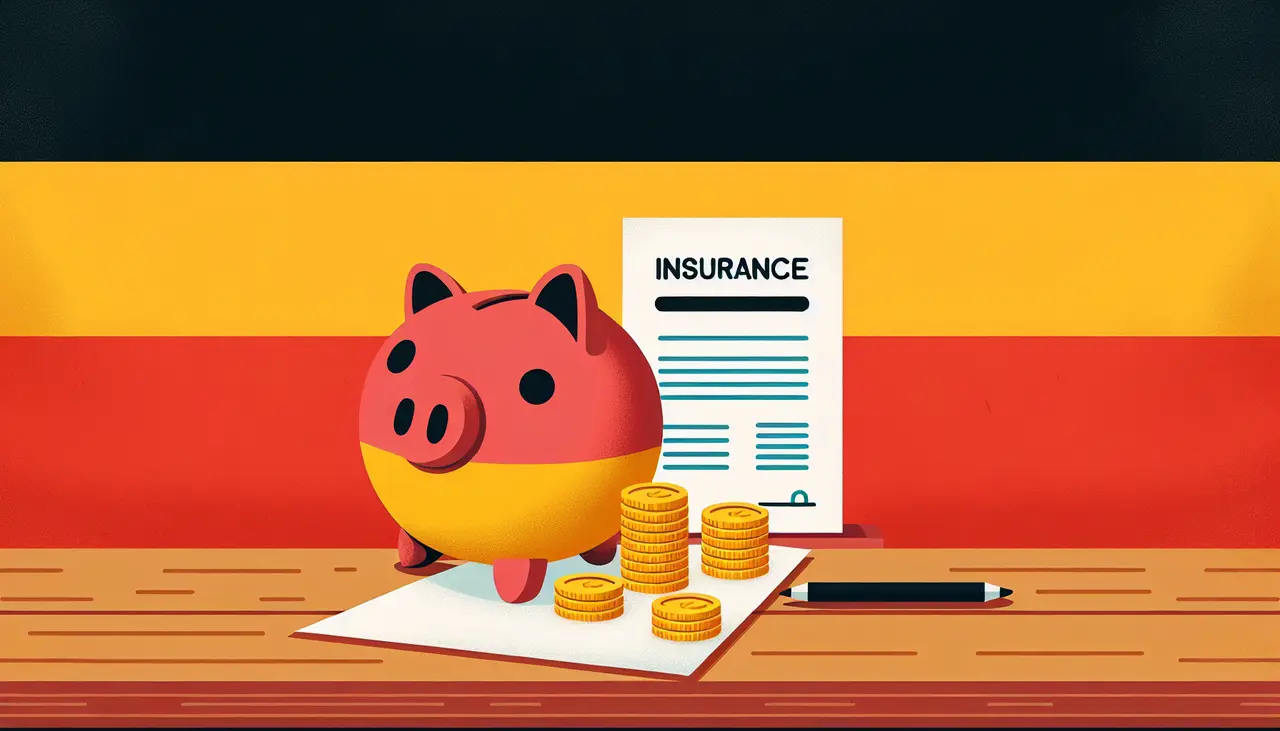 Draw a graphic in flat design style. Illustrate a piggy bank with coins and a small insurance policy document on a desk with a German flag in the background.