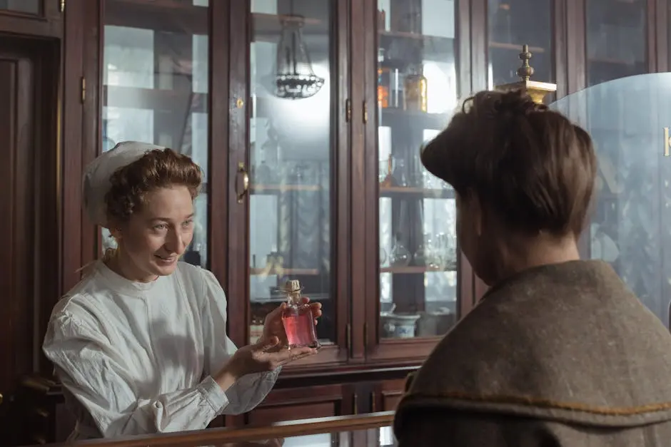 A Woman in White Uniform Showing the Bottle with Pink Liquid to a Woman