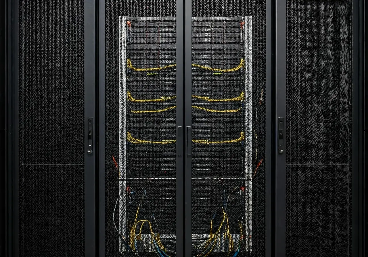 A secure server room with cooling equipment and cable organization. 35mm stock photo