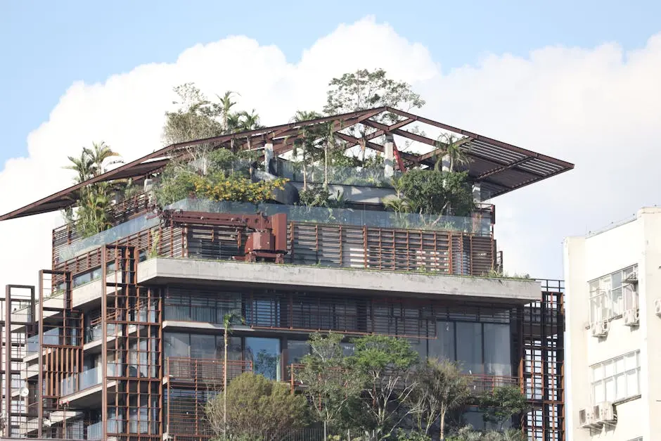 Contemporary building featuring lush rooftop garden and wood-metal architecture.