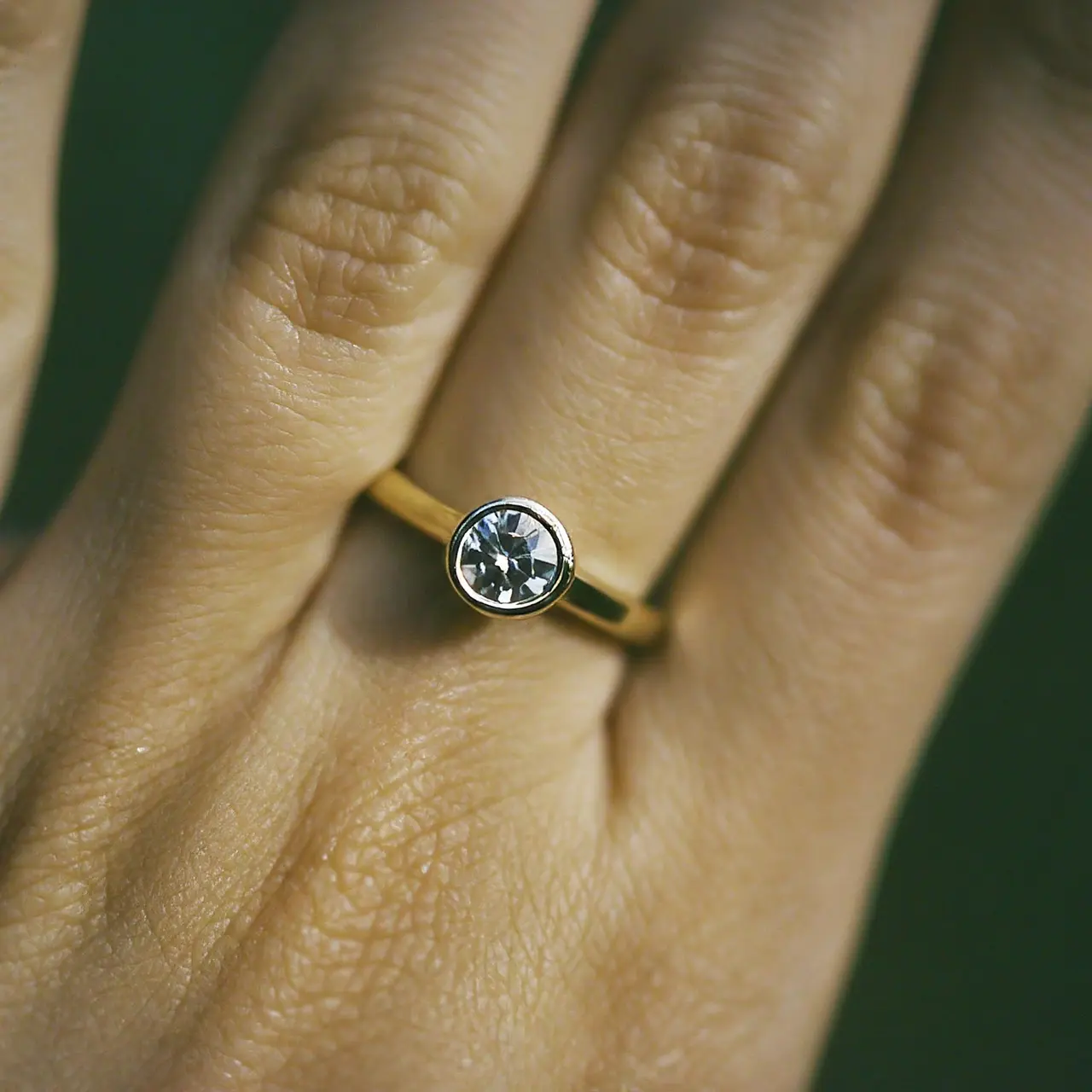 A close-up of a bezel set engagement ring. 35mm stock photo
