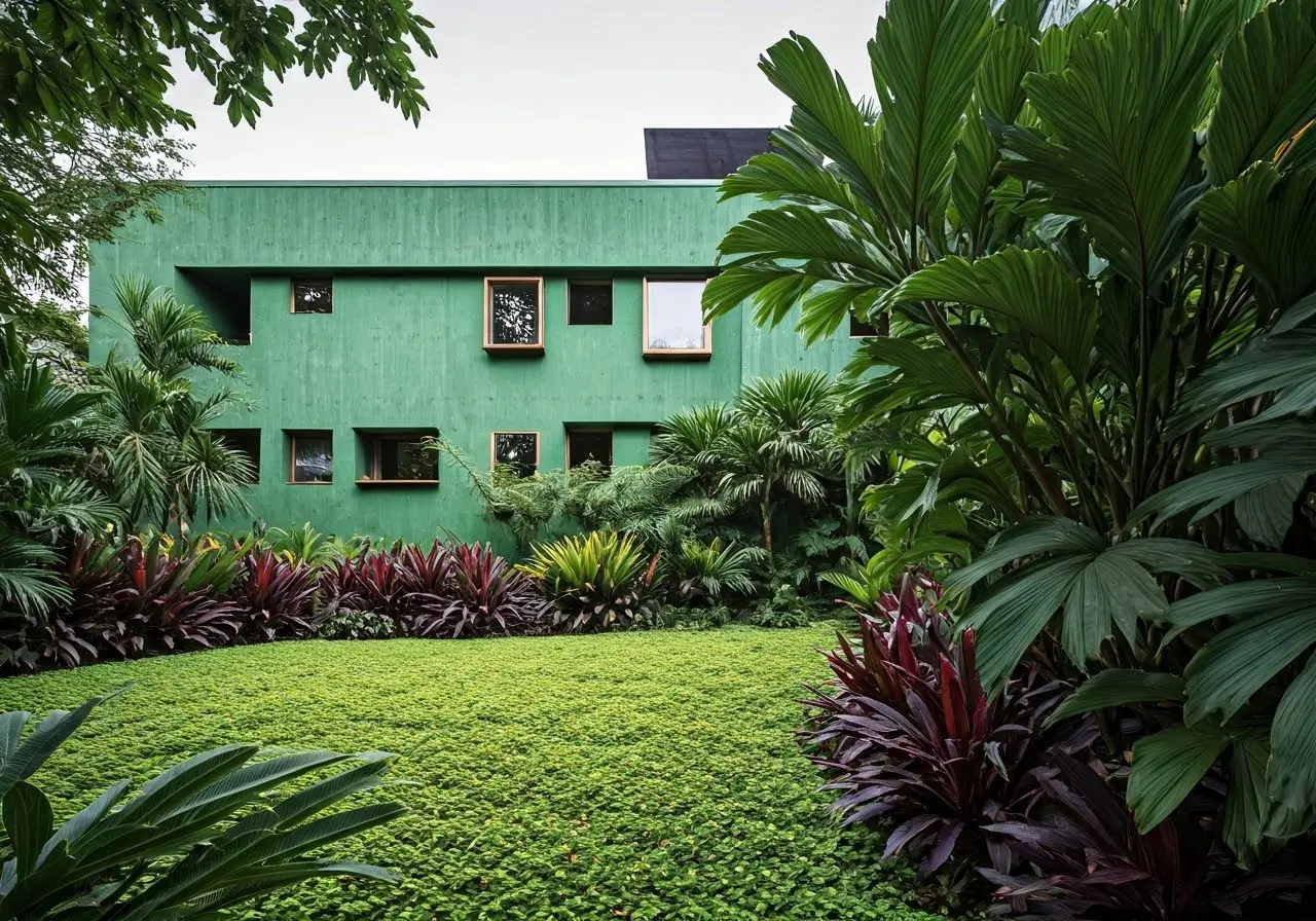 A modern green building surrounded by lush vegetation. 35mm stock photo