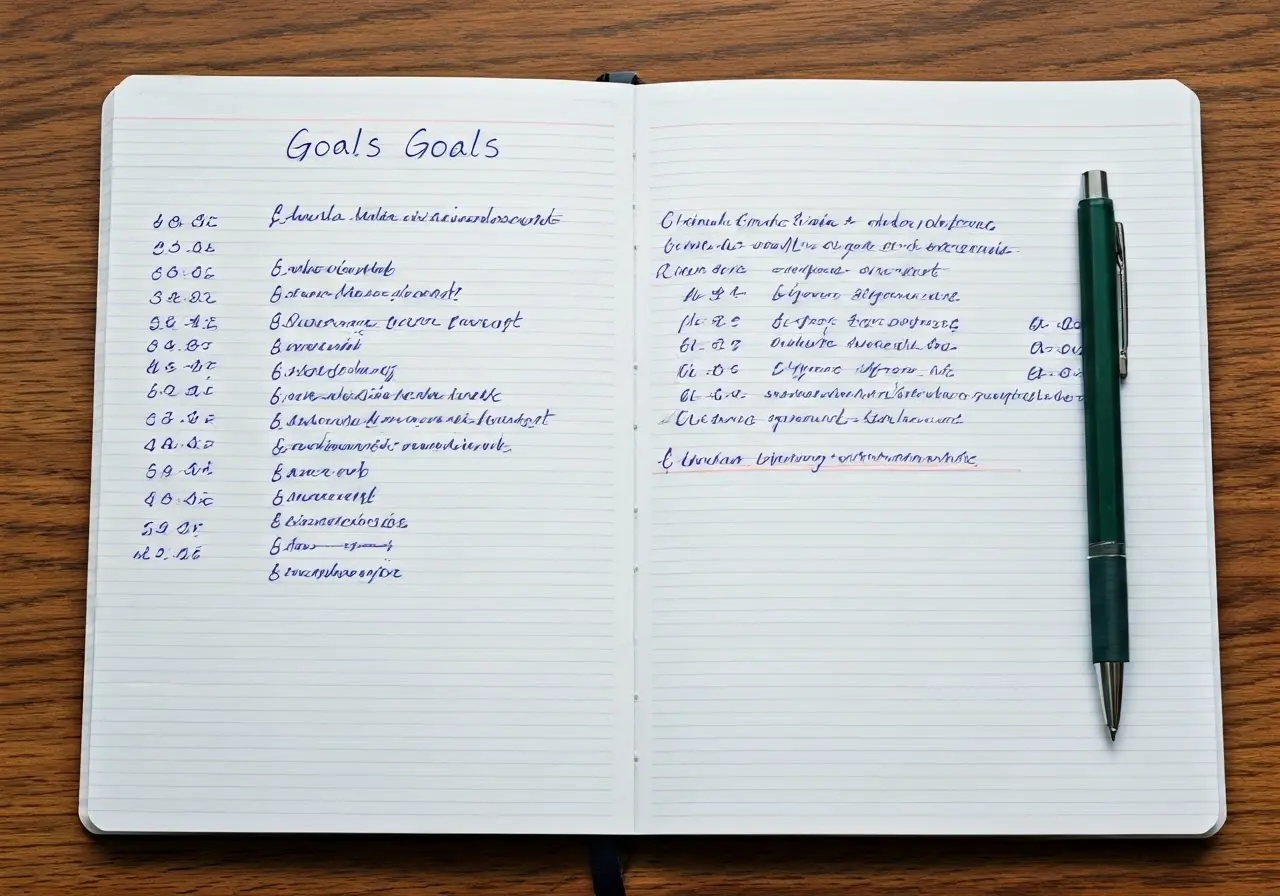 A notebook with goals and achievements written in it. 35mm stock photo