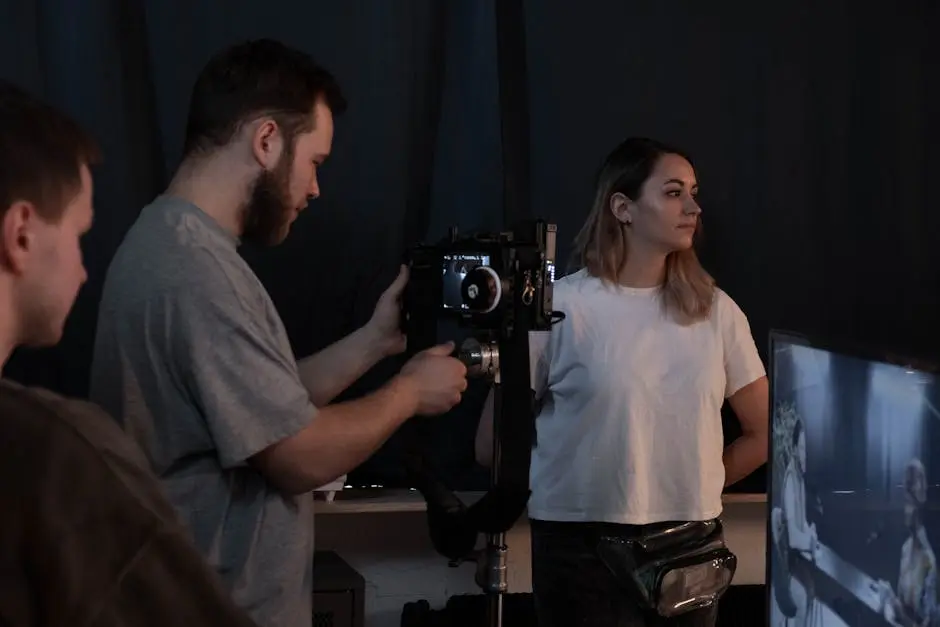 A diverse team collaborates in a studio, setting up a video recording with professional equipment.