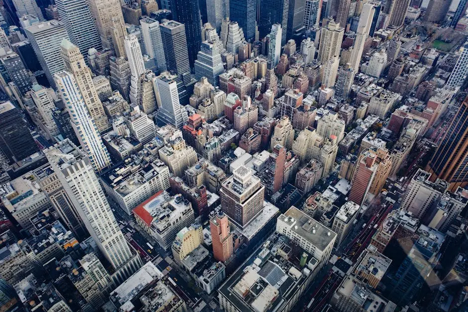 A breathtaking aerial view of crowded skyscrapers in Manhattan, New York City showcasing urban density.