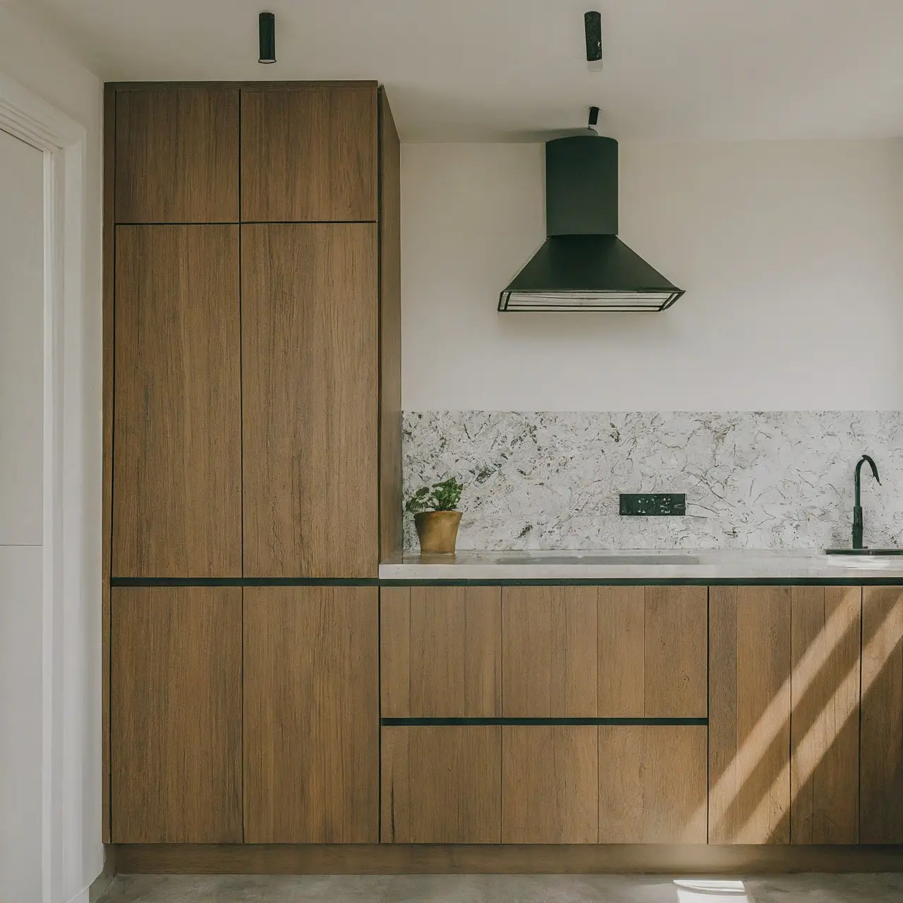 Stylish kitchen and bathroom with modern decor and fixtures. 35mm stock photo