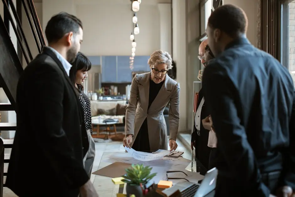 Business team engaged in a collaborative meeting around a workspace with documents.