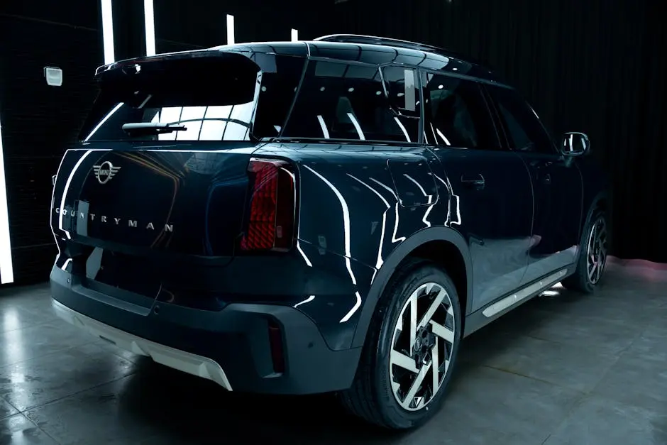 A modern Mini Countryman showcased indoors with sleek design and lighting. Perfect for automotive enthusiasts.