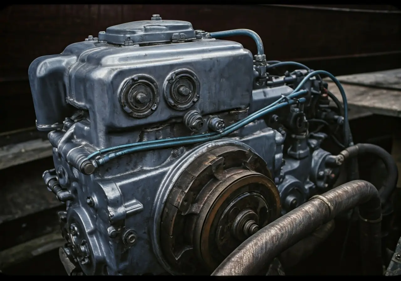 Close-up of boat engine being repaired. 35mm stock photo