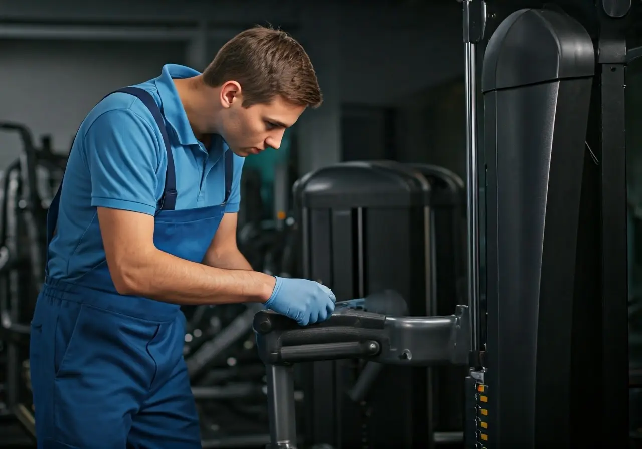 A technician inspecting and maintaining gym equipment. 35mm stock photo