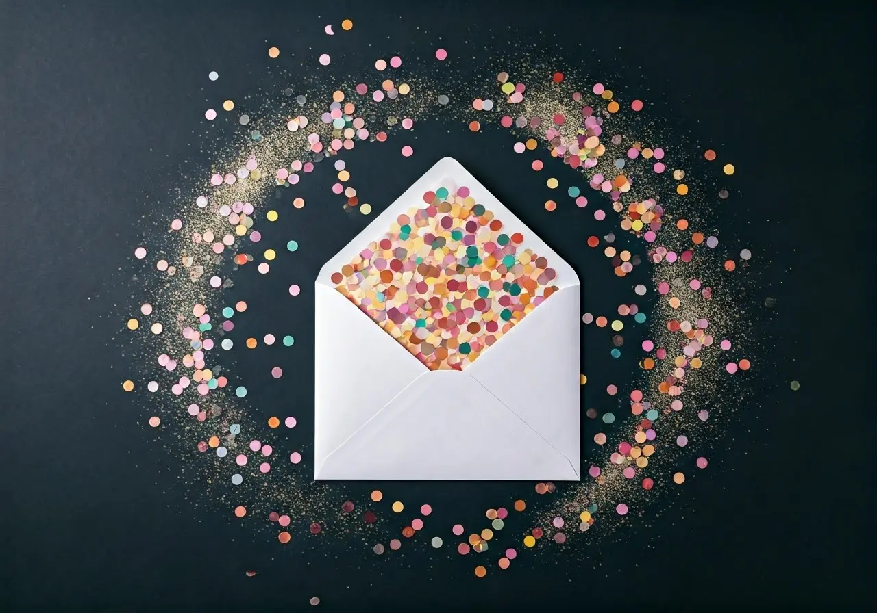 A whimsical envelope surrounded by confetti and sparkling champagne. 35mm stock photo