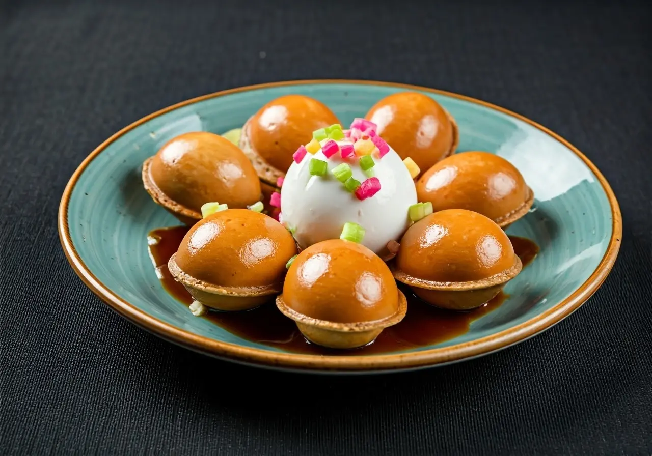 Image of Hong Kong Egglets with colorful toppings on a plate. 35mm stock photo