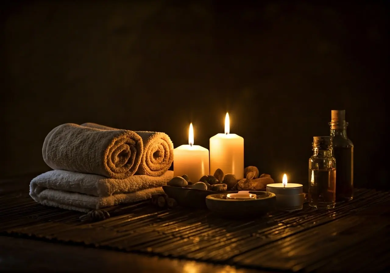 A serene massage setting with candles and essential oils. 35mm stock photo