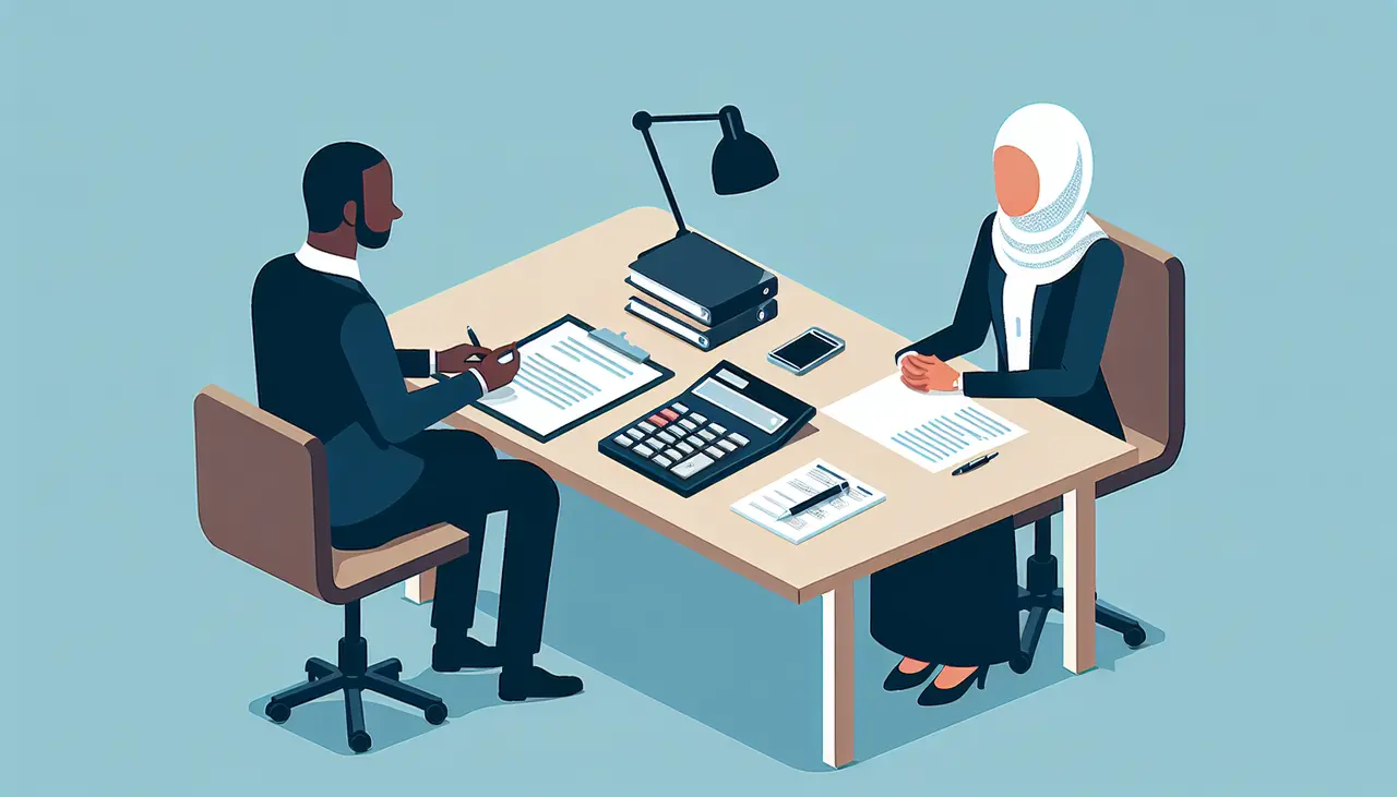 Draw a graphic in flat design style. A professional office setting with two business people discussing B2B debt collection, with a document and calculator on the table in simple, clean flat design.