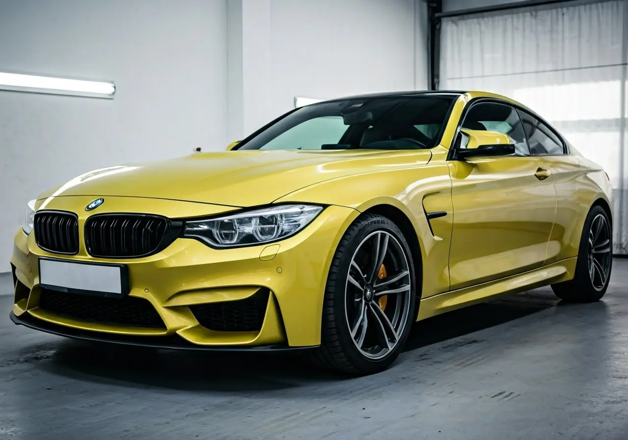 A shiny car in a workshop receiving specialized detailing care. 35mm stock photo