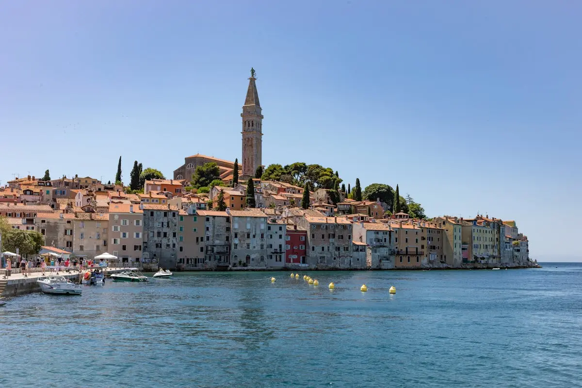 Church Tower and Harbor in Rovinj, Croatia 