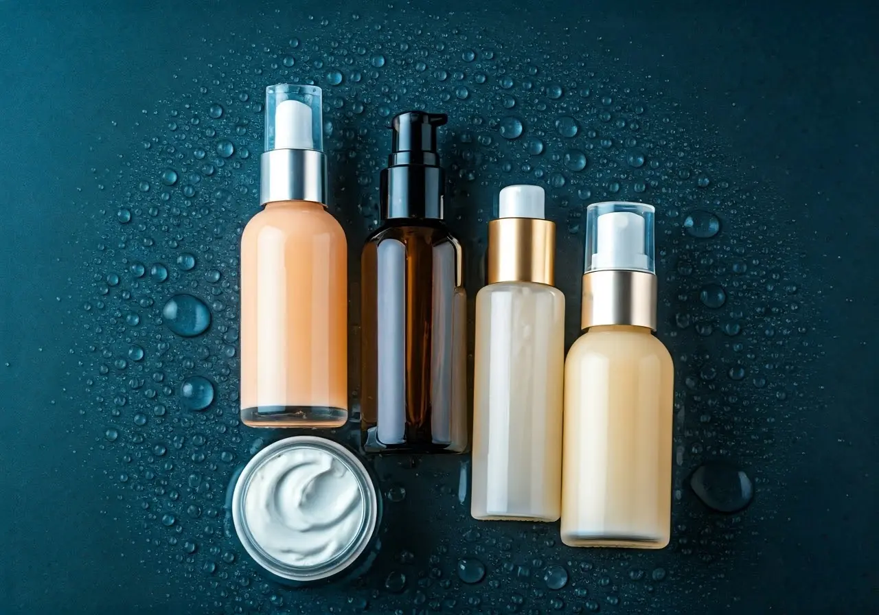 A collection of skincare products surrounded by fresh water droplets. 35mm stock photo