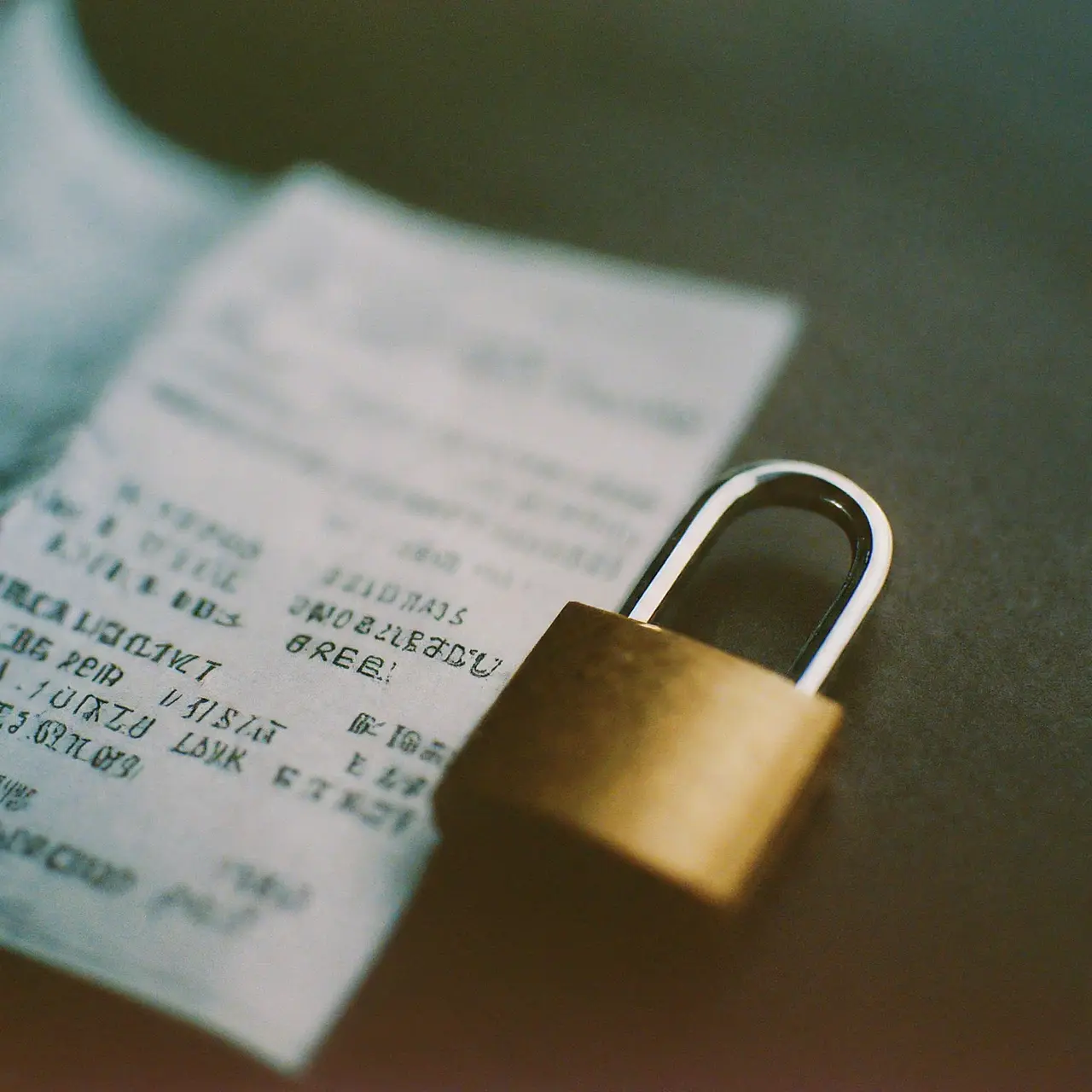 A locked padlock beside a receipt with sensitive information blurred. 35mm stock photo