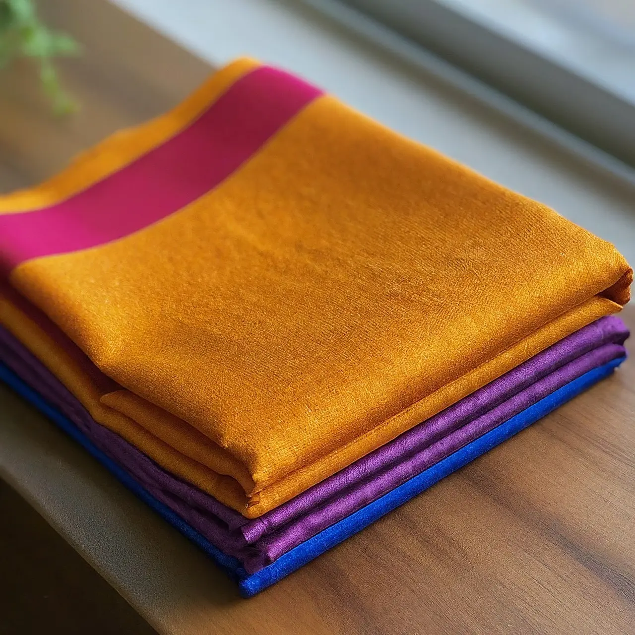 A vibrant, neatly-folded silk saree displayed on a wooden shelf. 35mm stock photo