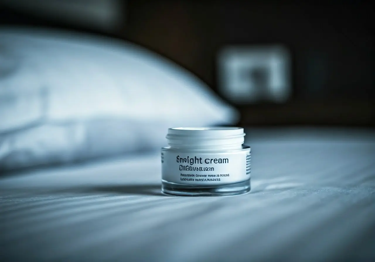 A jar of night cream next to a bed. 35mm stock photo