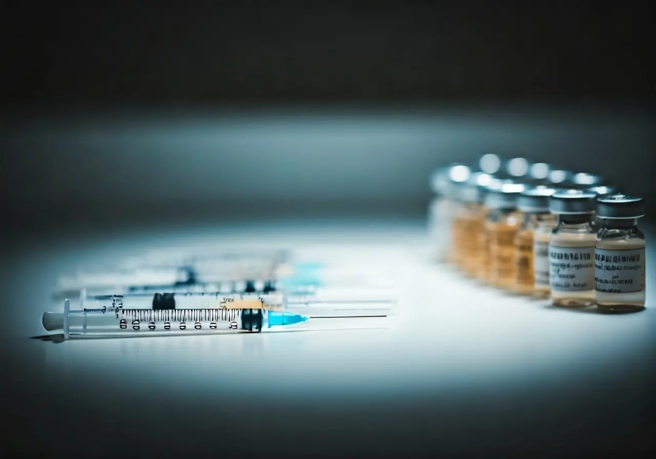 A close-up of syringes and dermal filler vials on a table. 35mm stock photo