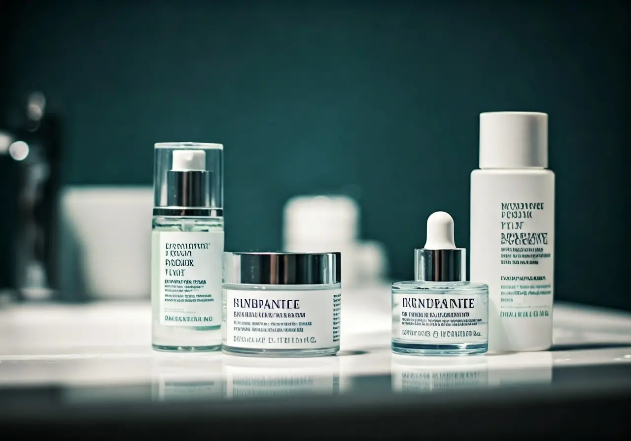 A collection of hydrating skincare products on a bathroom counter. 35mm stock photo