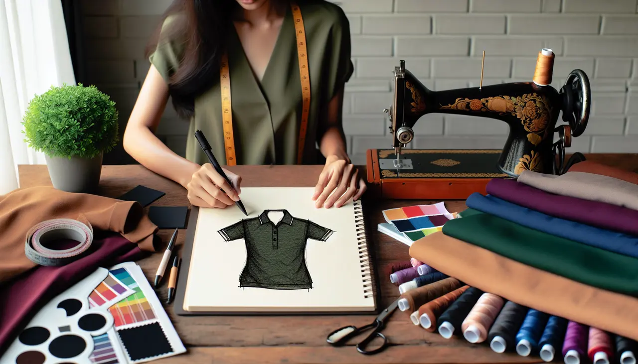 Draw a graphic in flat design style. A designer sketching a polo shirt on a large notepad with a sewing machine and fabric swatches nearby.