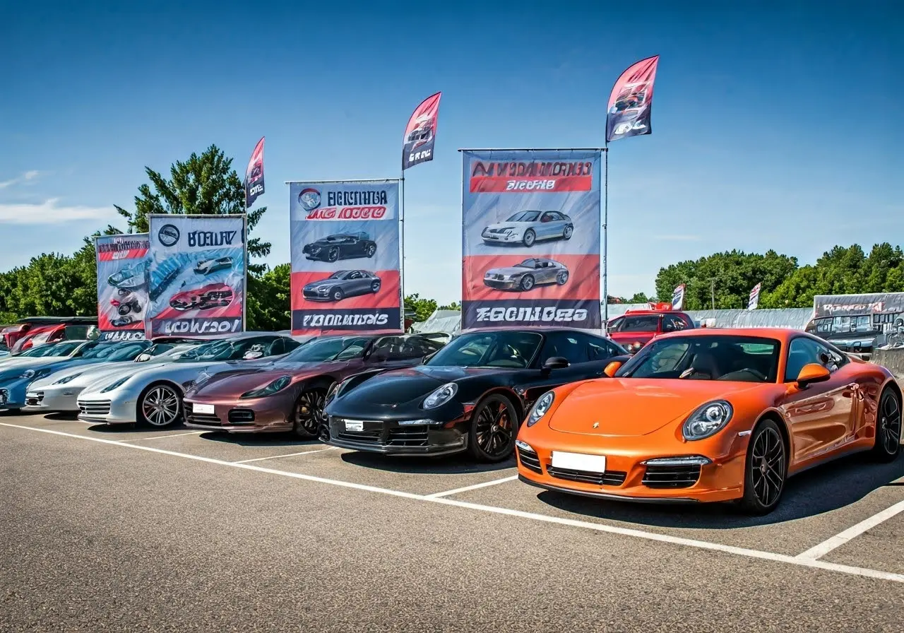 A vibrant car dealership with colorful banners and flashy cars. 35mm stock photo