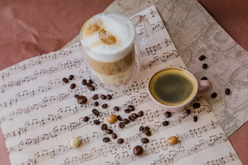 A warm scene featuring espresso and latte art on a musical note sheet with scattered coffee beans.