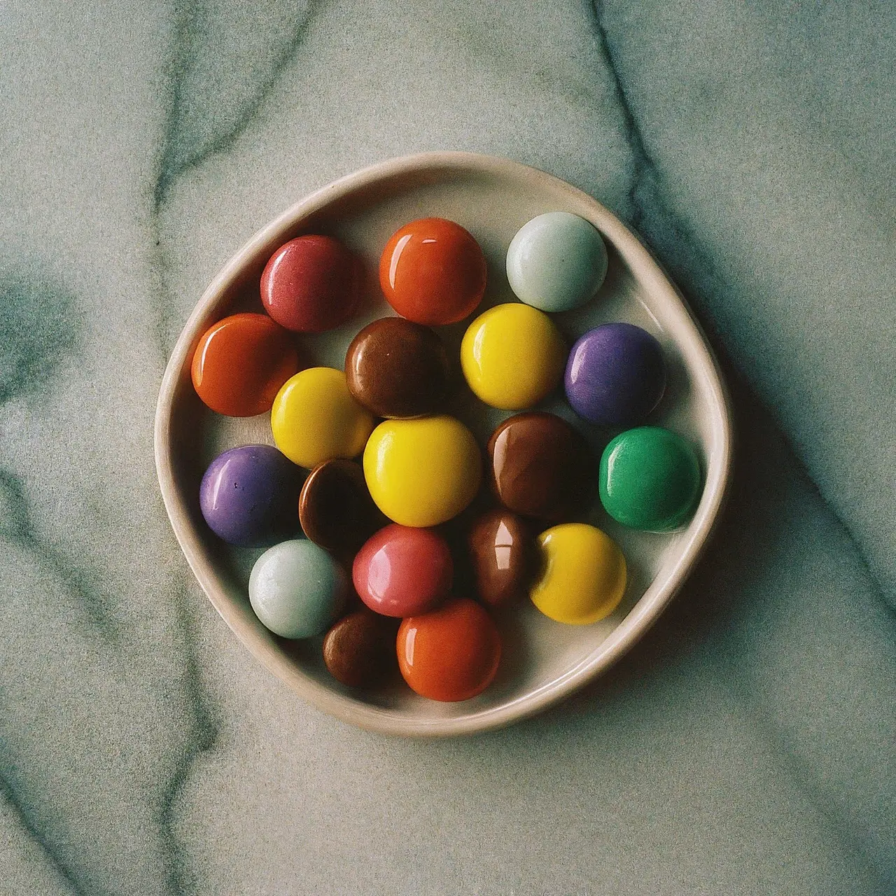 Colorful gourmet candies displayed elegantly on a marble surface. 35mm stock photo