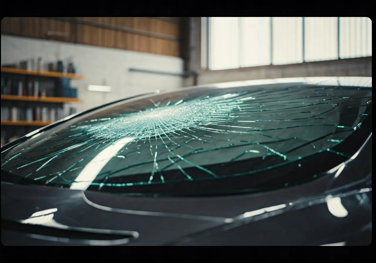 Tesla windshield replacement with shattered glass in workshop setting.