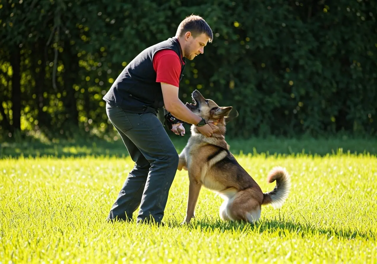 A dog trainer working with a hyperactive dog outdoors. 35mm stock photo