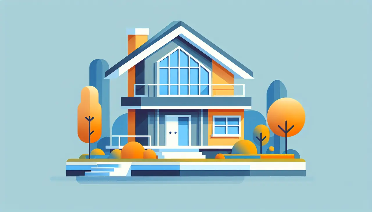 Draw a graphic in flat design style. Create an image showing a minimalist 3D model of a house with a simple color palette, emphasizing clarity and sleek design, without making the image too crowded or busy.