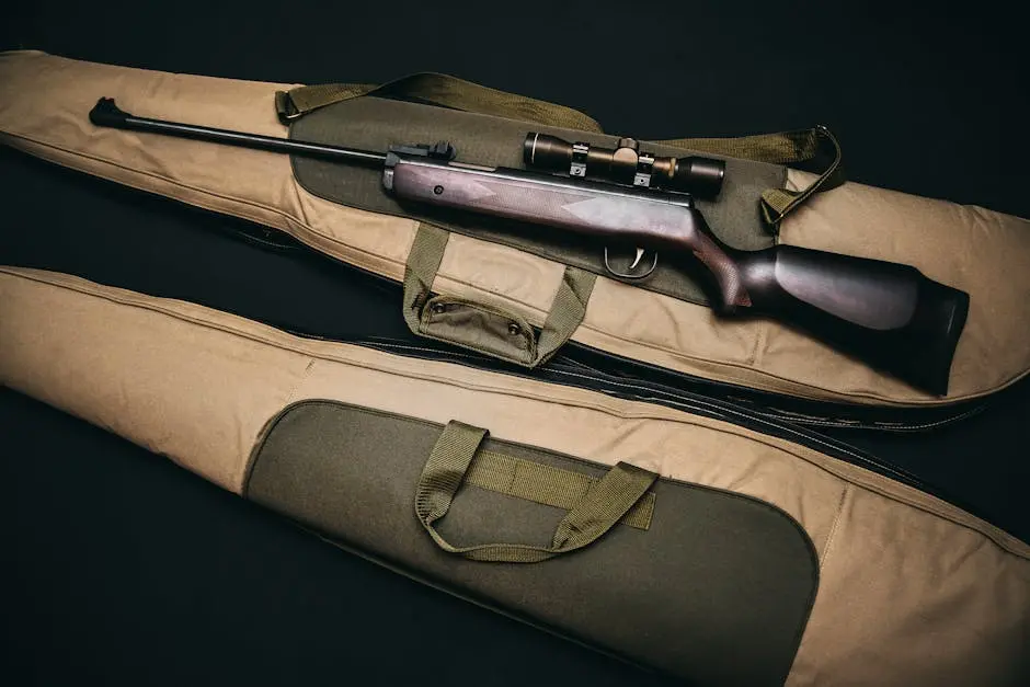 Close-up of a hunting rifle with a scope on a carrying bag, showcasing firearms and hunting gear.