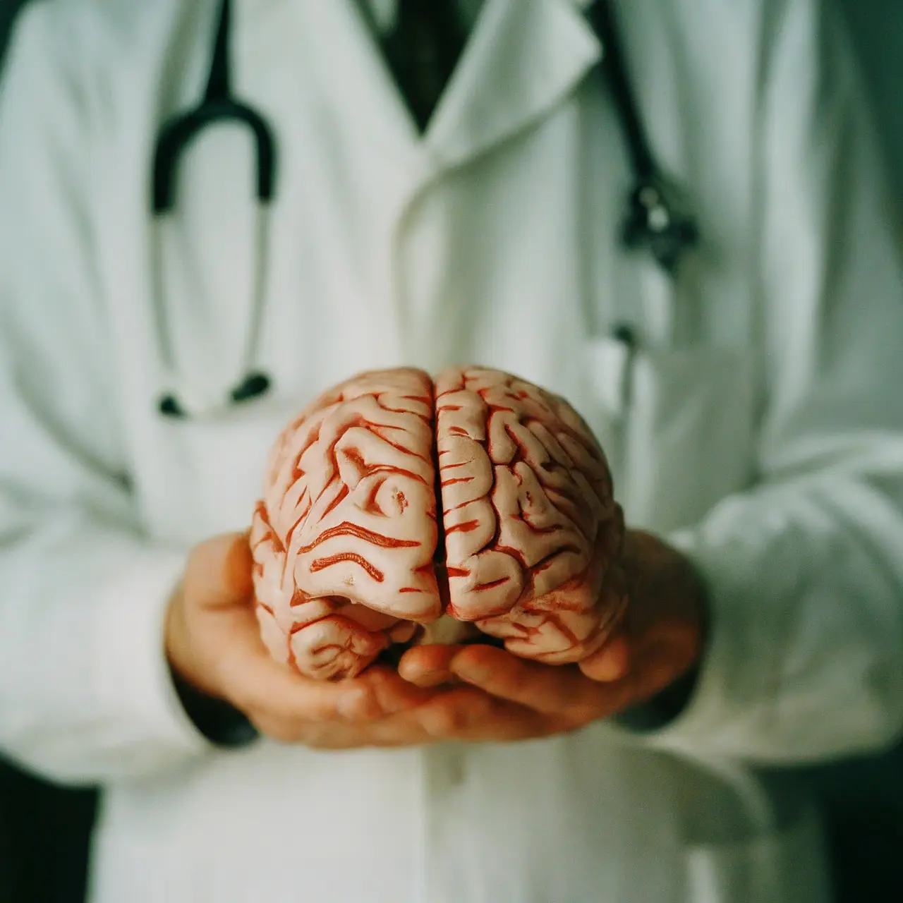 A doctor holding a model of a human brain. 35mm stock photo