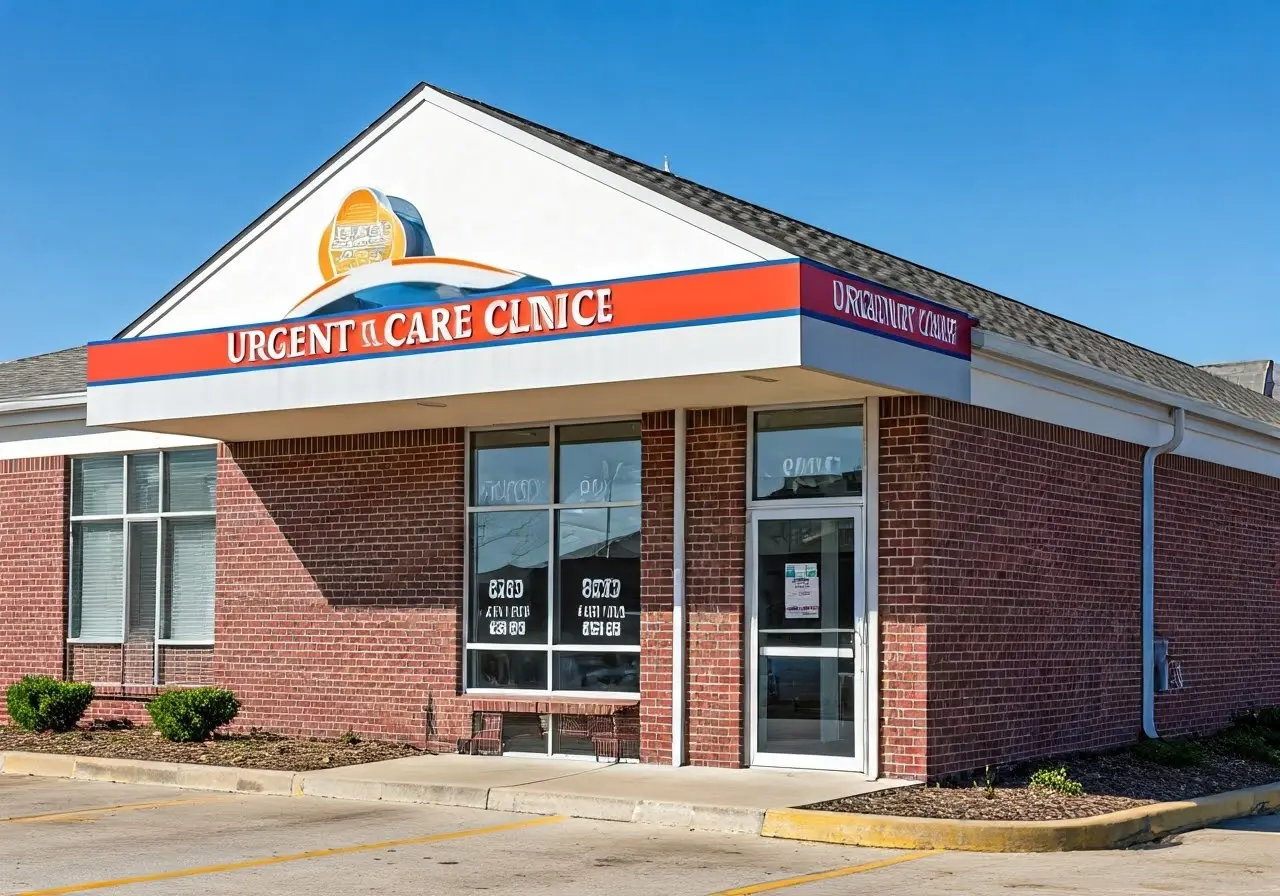 Exterior of a local urgent care clinic with clear signage. 35mm stock photo