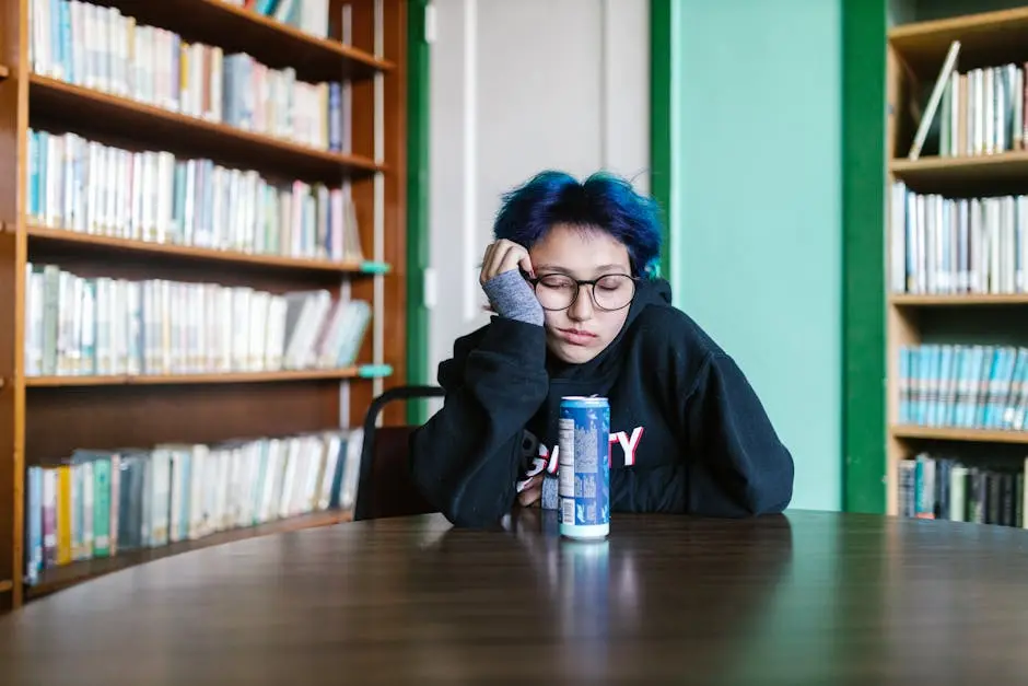 A young student with blue hair sleeping on a table in a library near an energy drink.