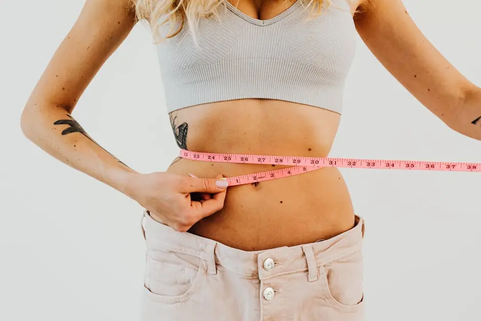 Close-up of woman in sports bra measuring waist with pink tape for fitness goals.