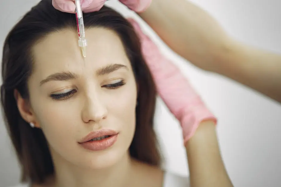 Close-up of facial treatment with injection in a spa setting, focusing on the forehead.