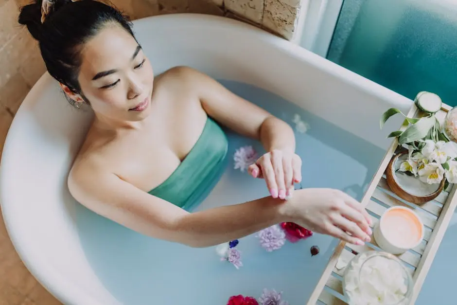 Woman in Blue Tube Dress in Bathtub