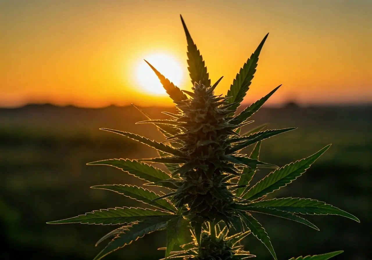 Colorful cannabis leaves with a sunset background. 35mm stock photo