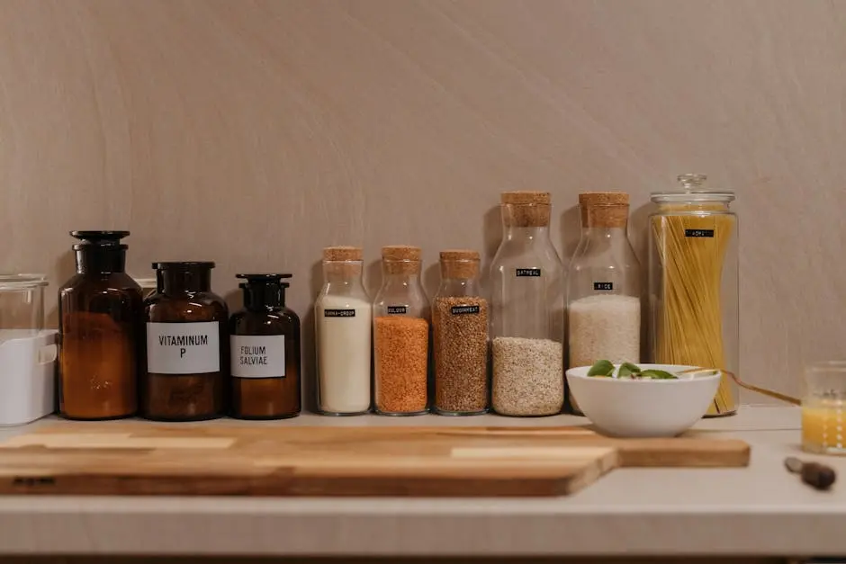 Neatly arranged glass jars holding kitchen staples like pasta and grains on a wooden counter.