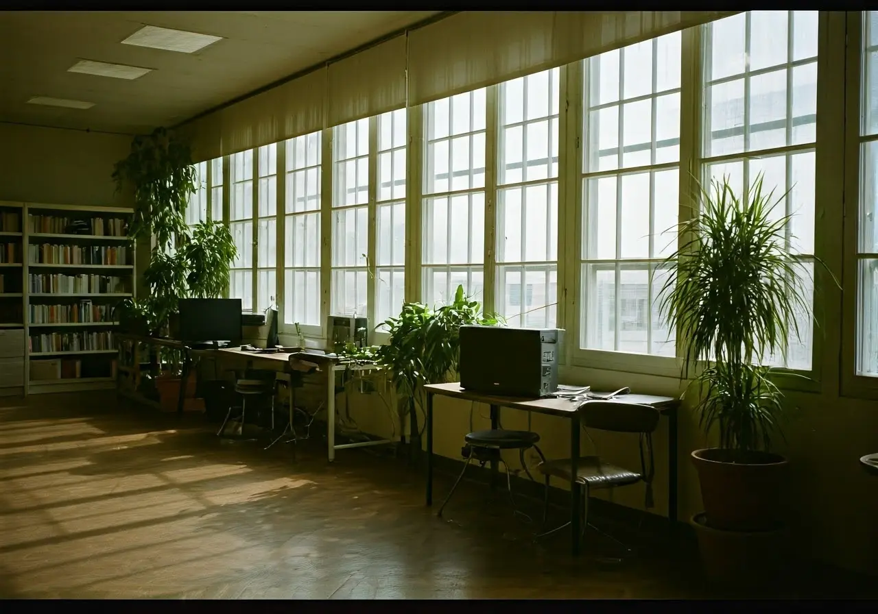 A clean, organized office space with sunny windows and plants. 35mm stock photo