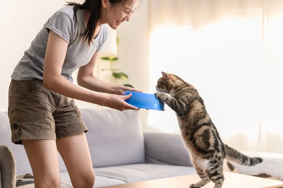 Young Asian woman cat owner giving food to her cute domestic cat at home. Adorable shorthair cat be feed by owner in living room. Human and pet relation domestic lifestyle concept. Focus o…