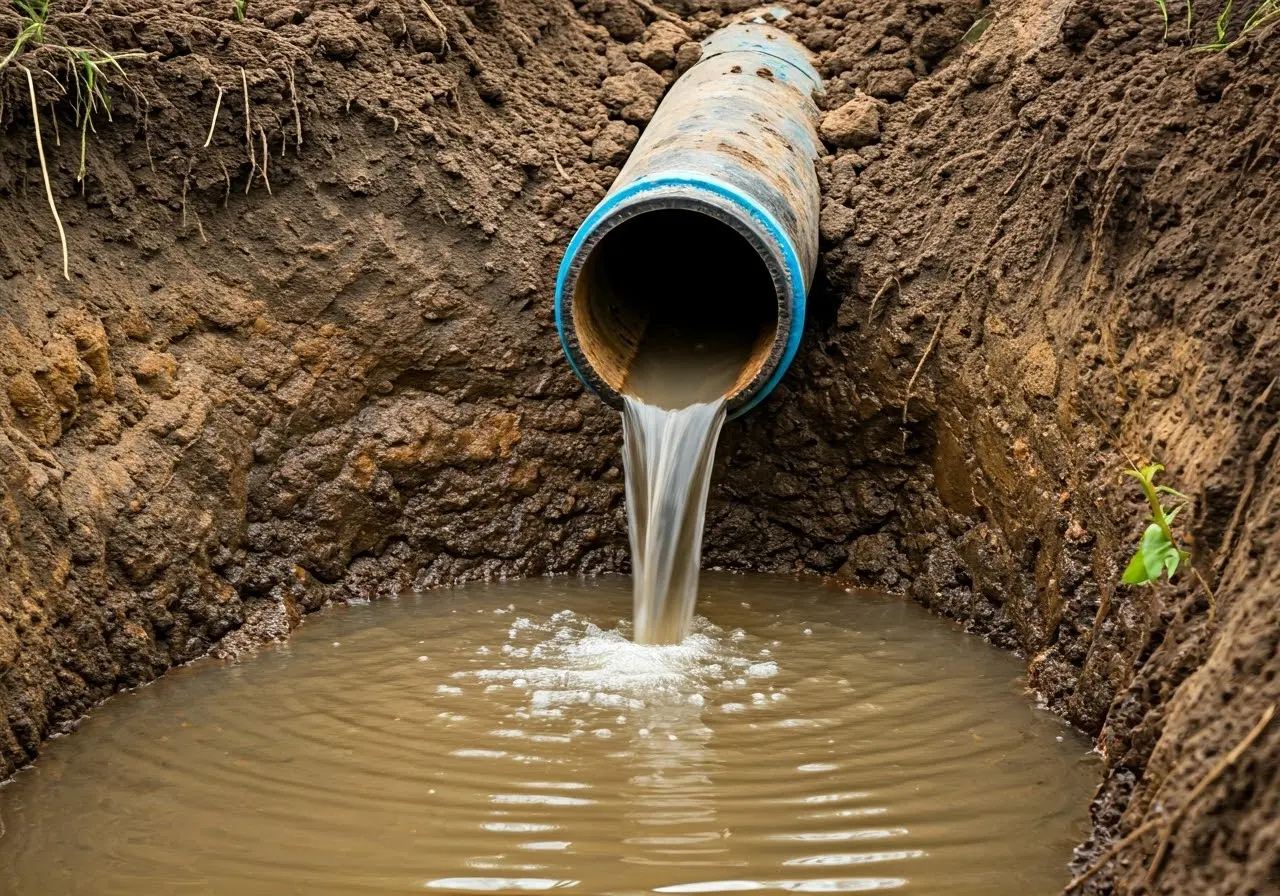 A broken underground pipe leaking water into the soil. 35mm stock photo