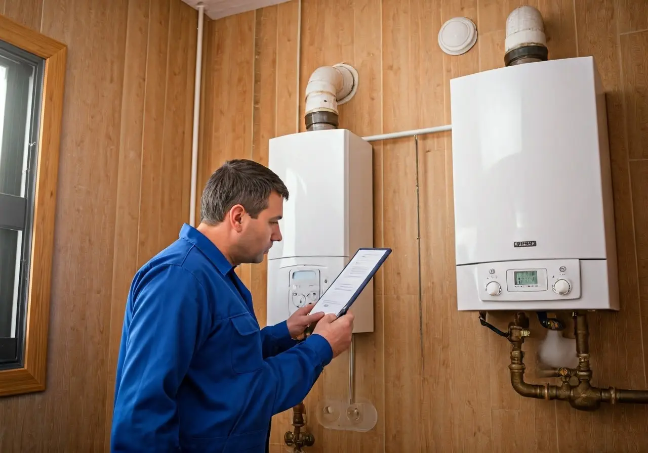 A technician examining a gas boiler in a utility room. 35mm stock photo