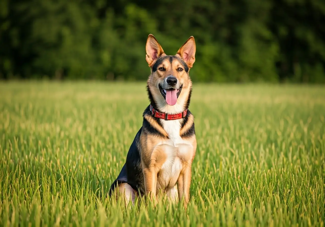 A well-trained dog sitting attentively in a grassy field. 35mm stock photo