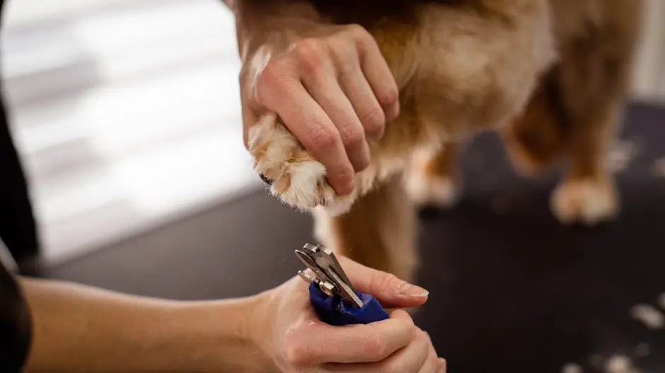 A close-up view of pet grooming focusing on a dog’s paw being trimmed with special scissors, highlighting care and precision.