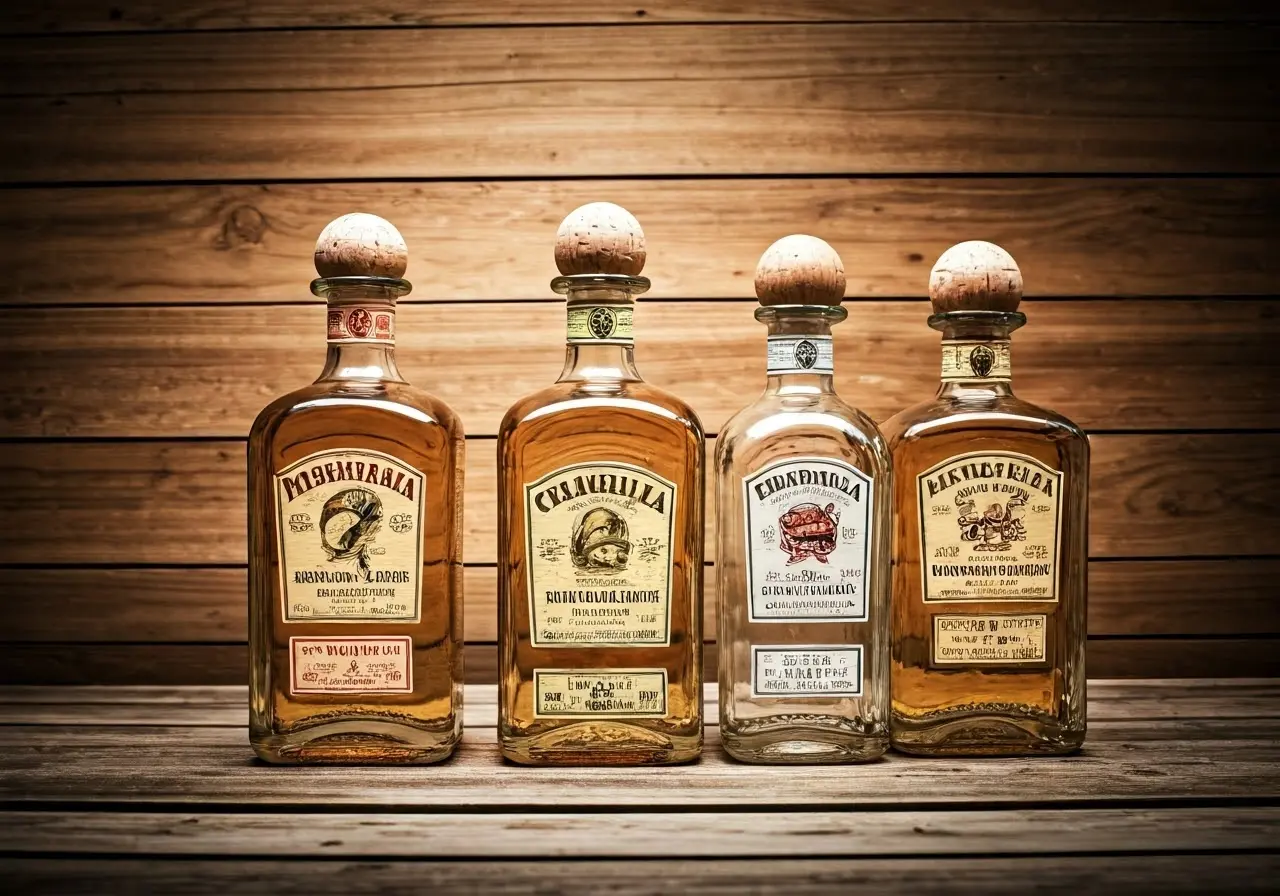 A selection of tequila bottles on a rustic wooden table. 35mm stock photo